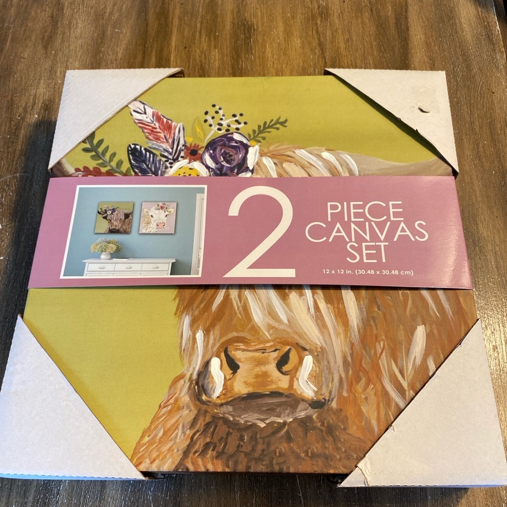 2 Piece Canvas Set - Highland Cow Floral Farmhouse Country 12x12